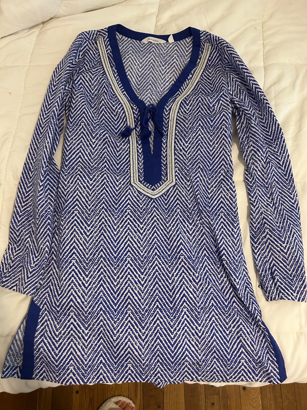 Athleta Blue and White Chevron Long-Sleeve Polo Tunic